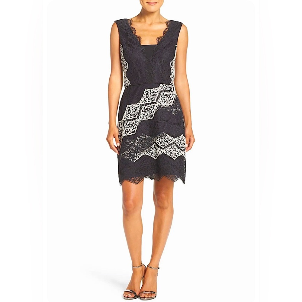 Maggy London Lace Dress  Black & White Diamond Stripe Sheath Size 6 Petite.